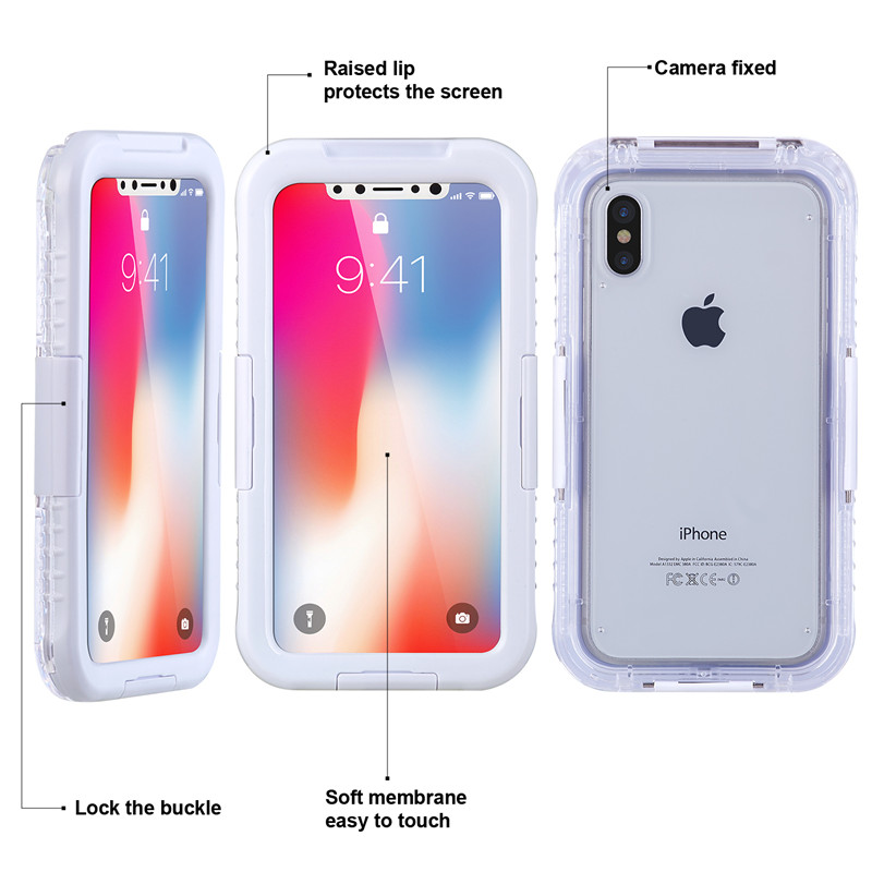 Cás uisce agus cás iphone frithdhíonach in aice liom cás ceamara teileafóin faoi uisce le haghaidh iphone XS （Bán)